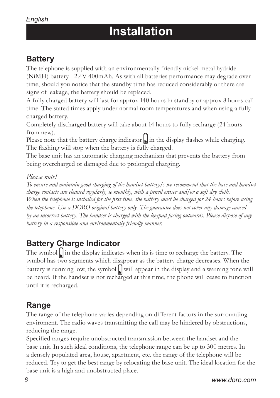 Installation, Battery, Battery charge indicator | Range | Doro 820 User Manual | Page 6 / 32