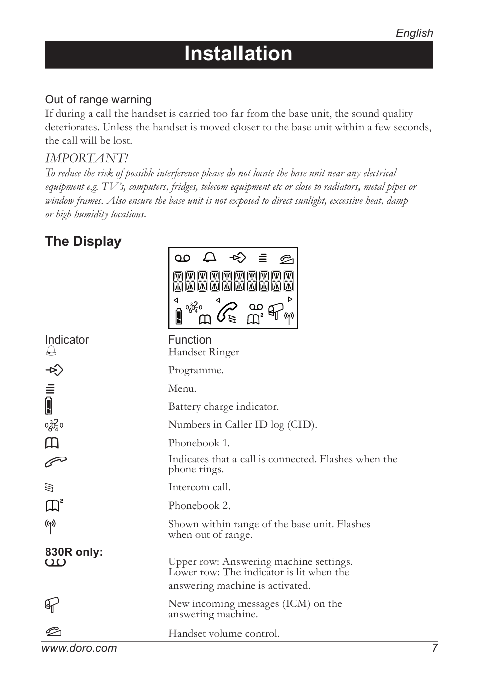 Installation, Important, The display | Doro 820 User Manual | Page 7 / 32