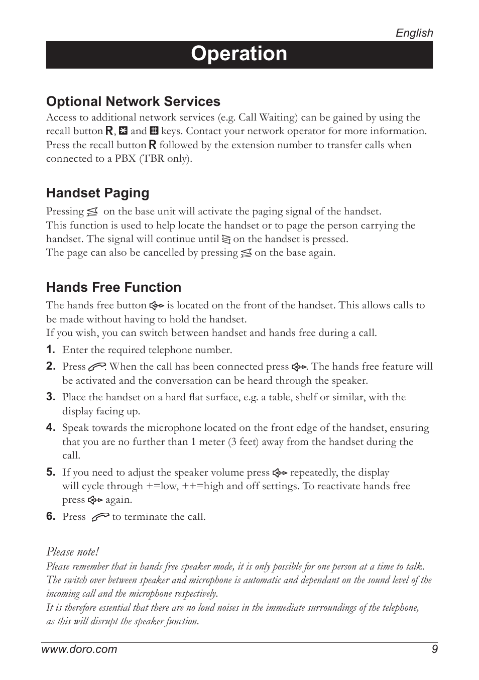 Operation, Optional network services, Handset paging | Hands free function | Doro 820 User Manual | Page 9 / 32