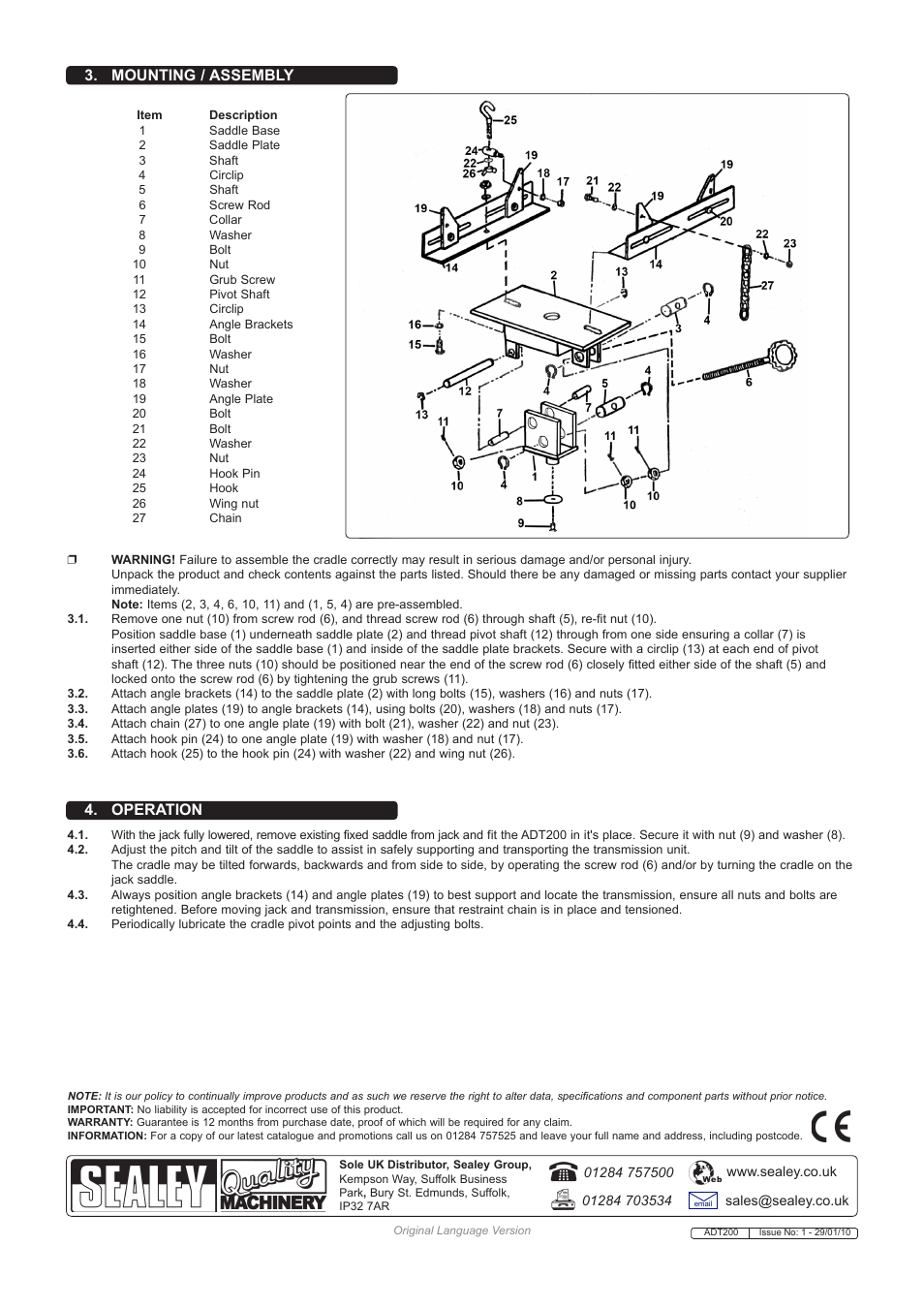 Operation 3. mounting / assembly | Sealey ADT200 User Manual | Page 2 / 2