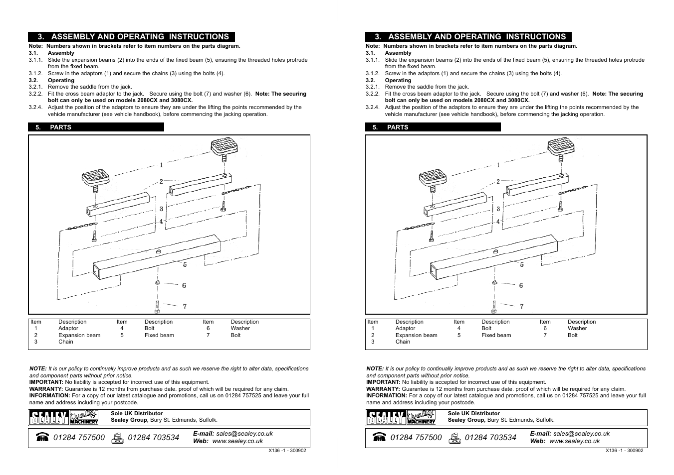 Assembly and operating instructions | Sealey X136 User Manual | Page 2 / 2