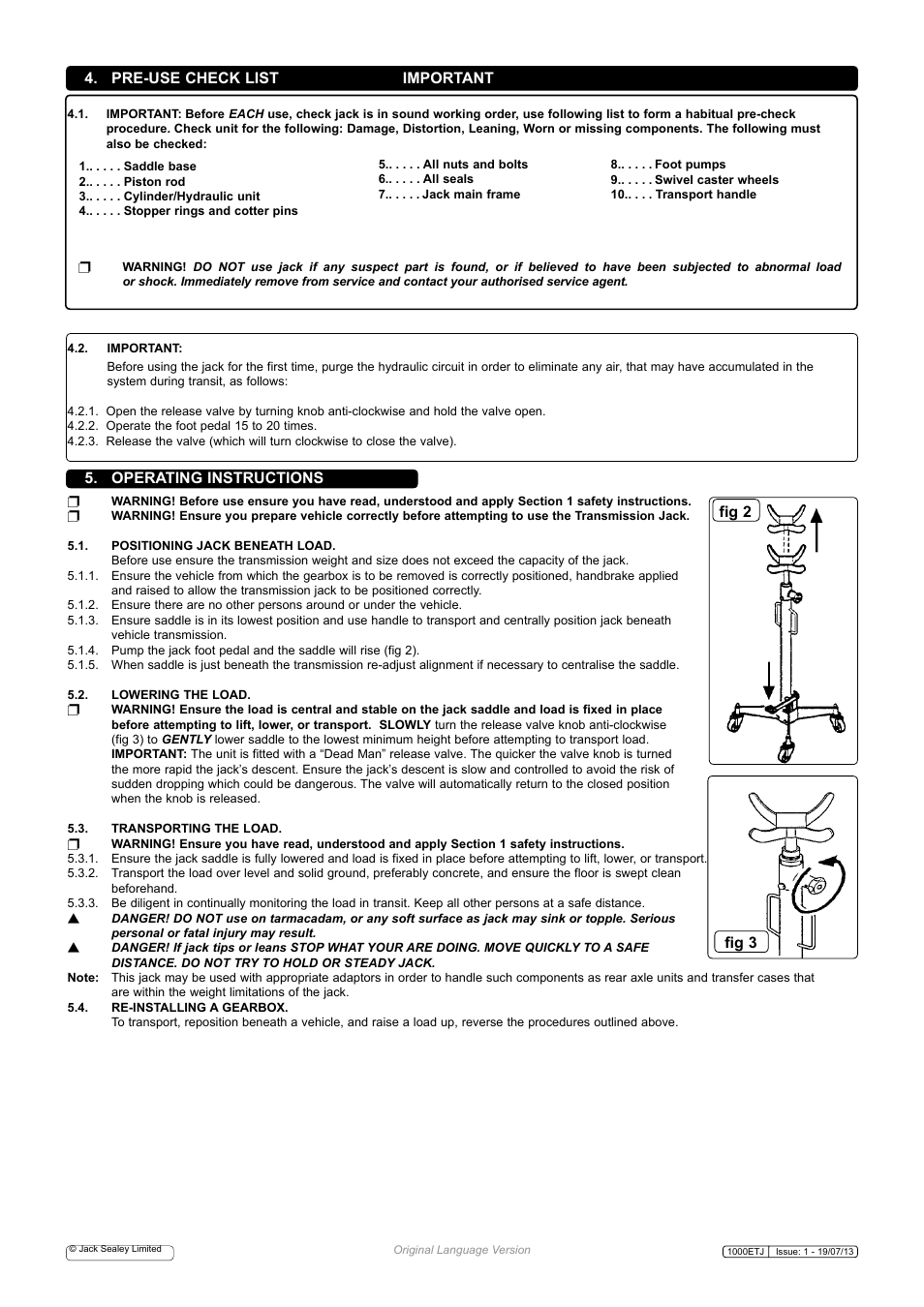 Operating instructions, Pre-use check list important fig 3, Fig 2 | Sealey 1000ETJ User Manual | Page 2 / 3