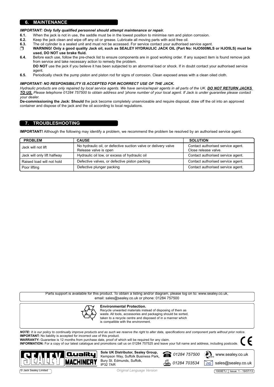 Maintenance, Troubleshooting | Sealey 1000ETJ User Manual | Page 3 / 3