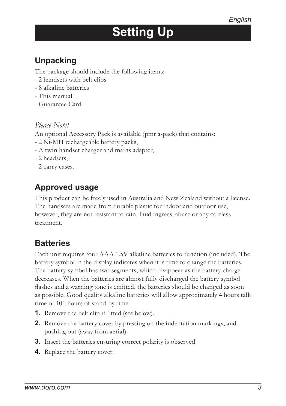 Setting up, Unpacking, Approved usage | Batteries | Doro PMR 510 User Manual | Page 3 / 12