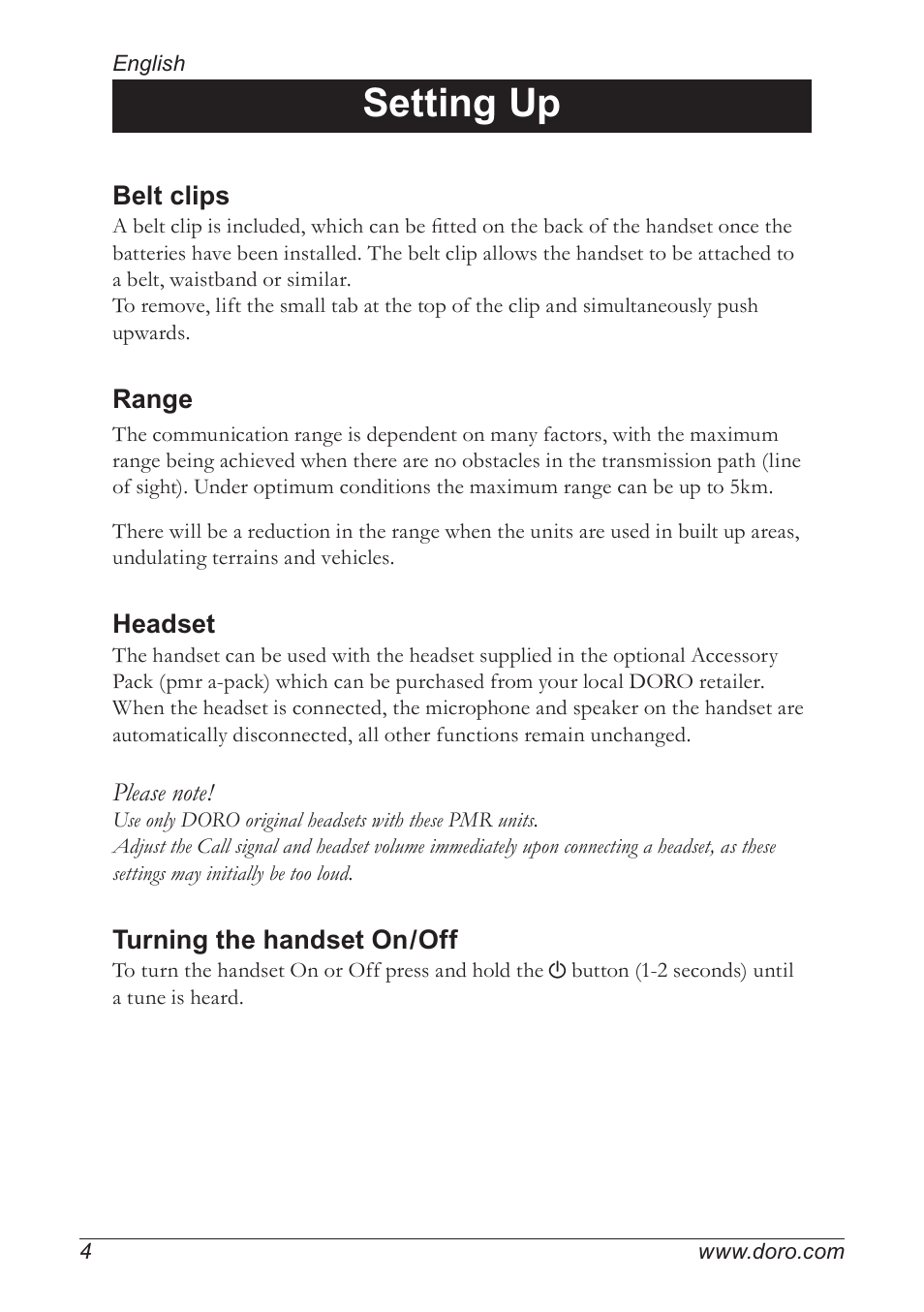 Setting up, Belt clips, Range | Headset, Turning the handset on/off | Doro PMR 510 User Manual | Page 4 / 12