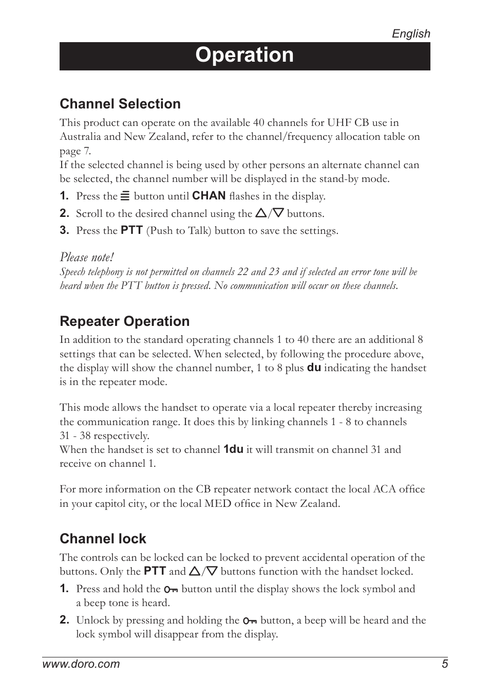 Operation, Channel selection, Repeater operation | Channel lock | Doro PMR 510 User Manual | Page 5 / 12