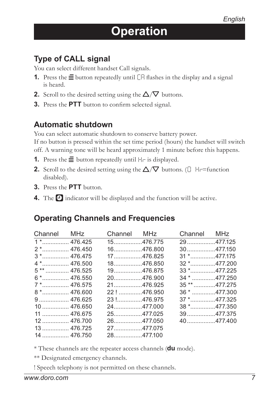 Operation, Type of call signal, Automatic shutdown | Operating channels and frequencies | Doro PMR 510 User Manual | Page 7 / 12