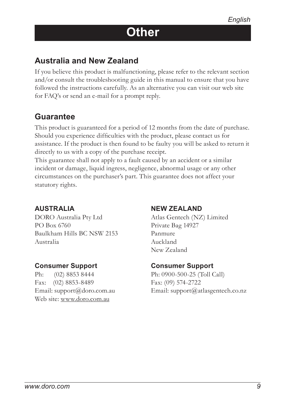 Other, Australia and new zealand, Guarantee | Doro PMR 510 User Manual | Page 9 / 12