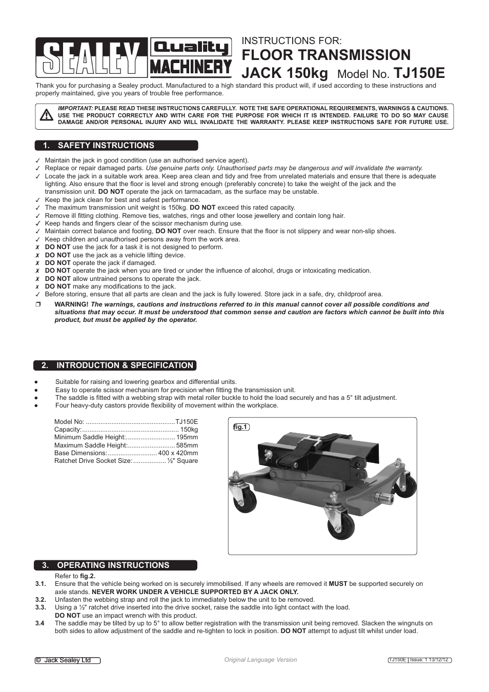 Sealey TJ150E User Manual | 2 pages