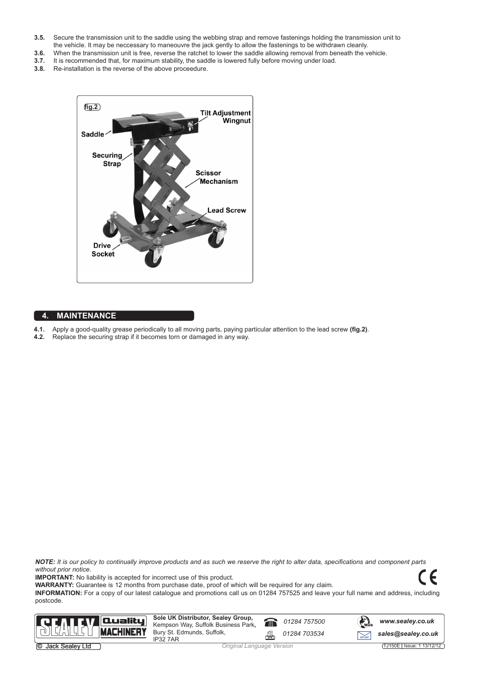 Maintenance | Sealey TJ150E User Manual | Page 2 / 2
