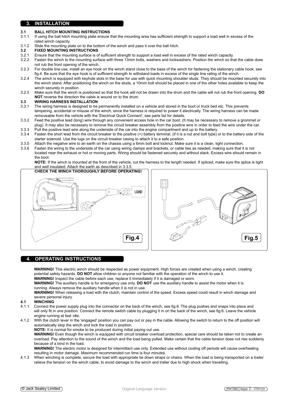 Fig.4 fig.5, Installation, Operating instructions | Sealey PW1360 User Manual | Page 3 / 5