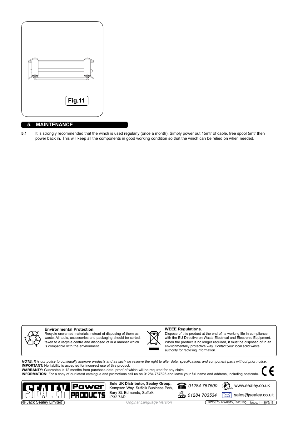 Fig.11, Maintenance | Sealey RW5675 User Manual | Page 6 / 6