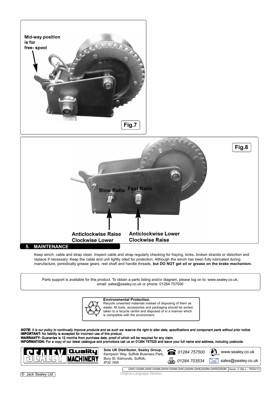 Fig.8 fig.7, Maintenance | Sealey GWC1200M User Manual | Page 4 / 4