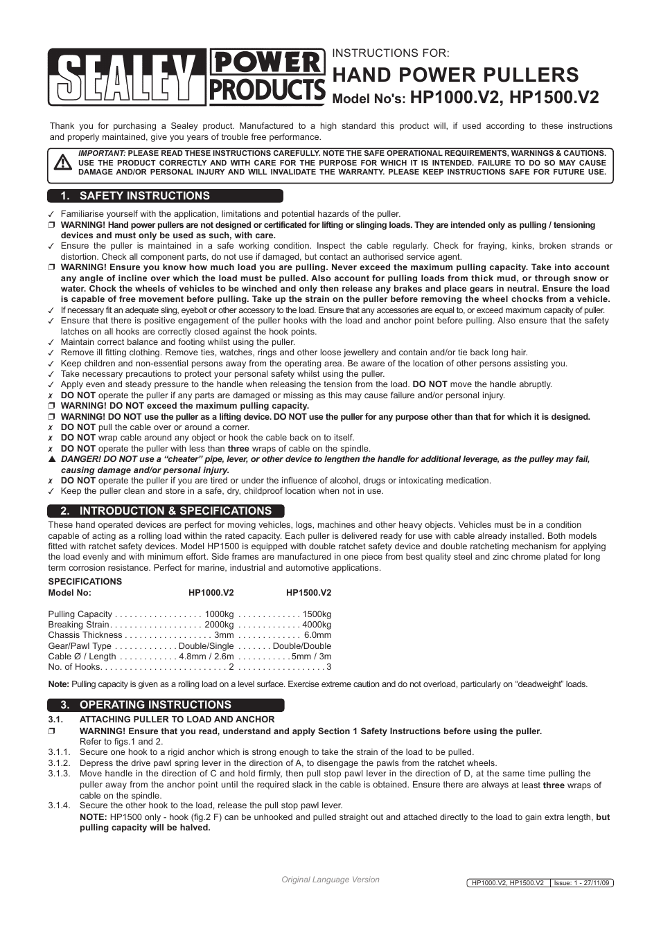 Sealey HP1000 User Manual | 2 pages