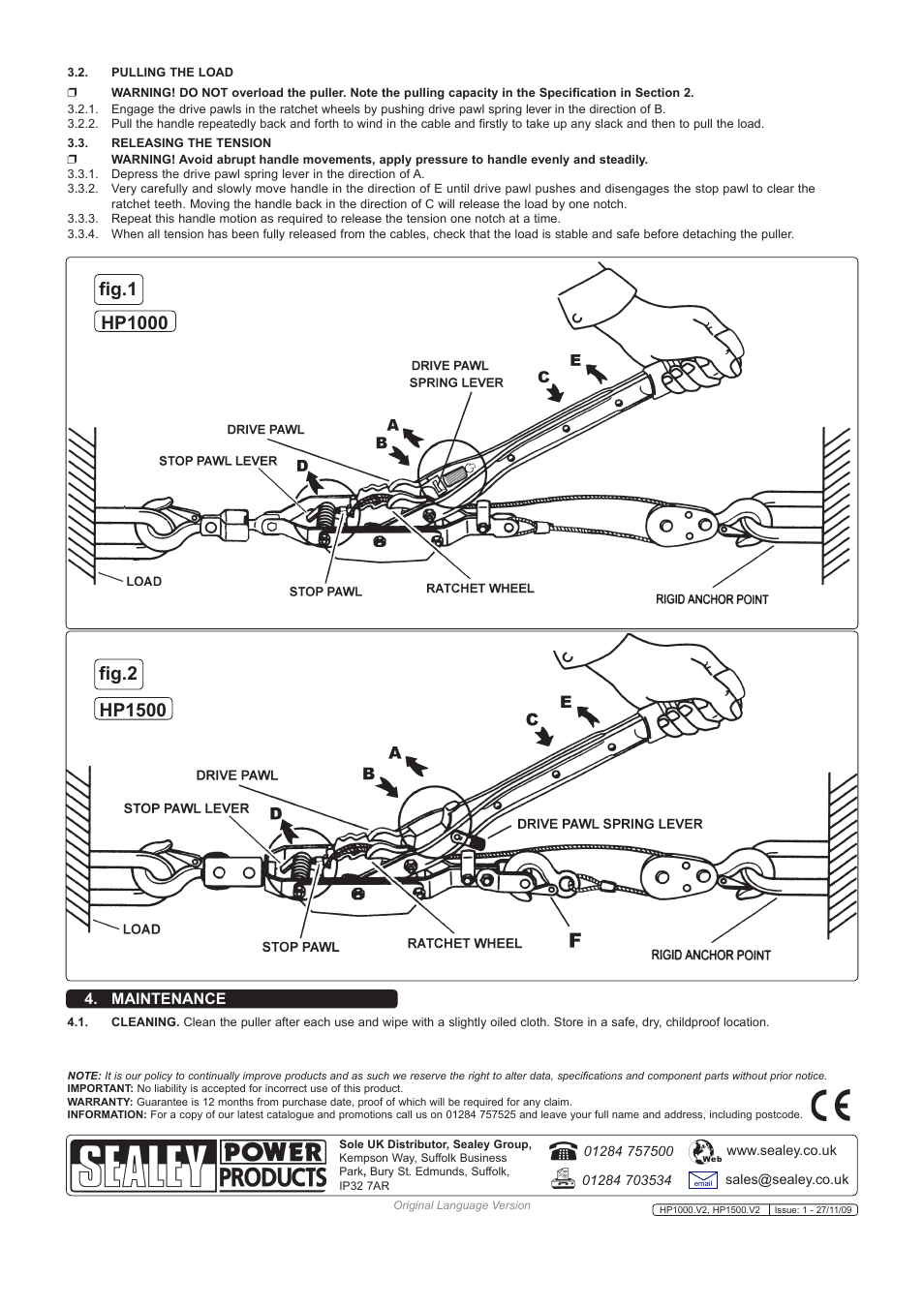 Maintenance | Sealey HP1000 User Manual | Page 2 / 2