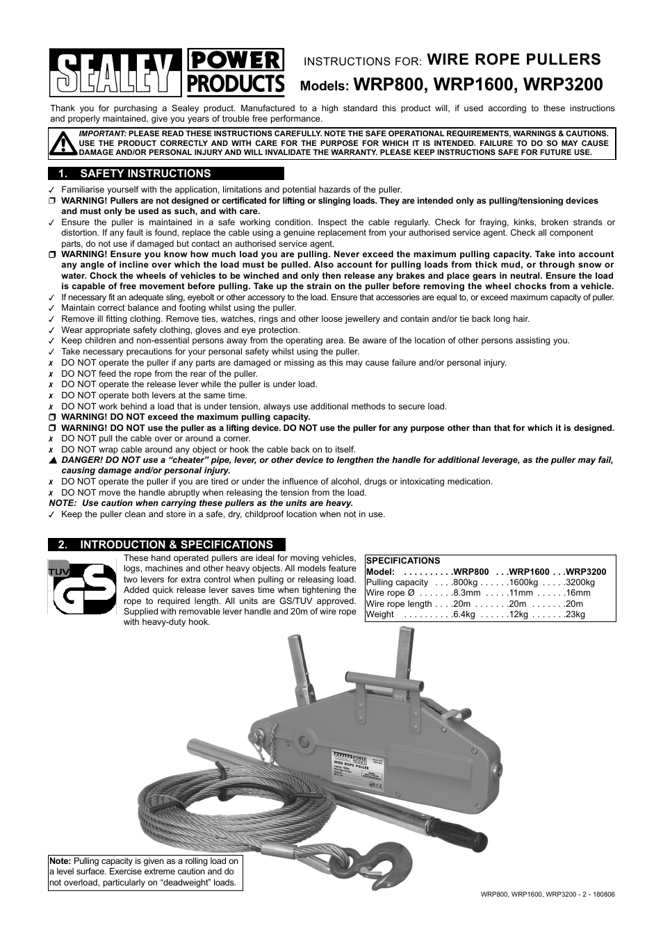 Sealey WRP1600 User Manual | 2 pages