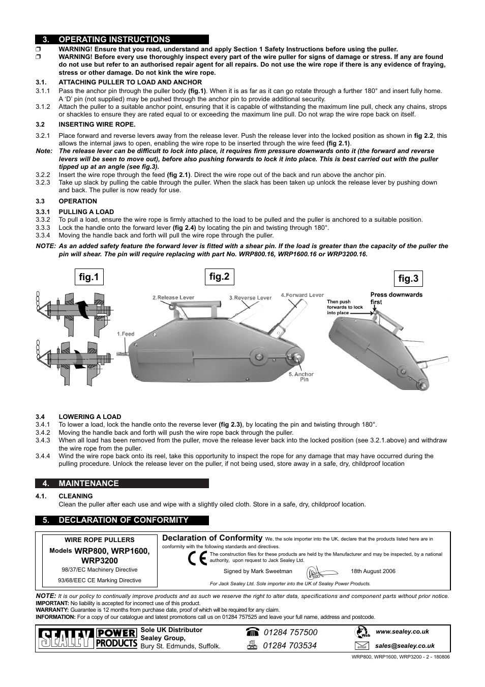 Fig.2 fig.1 fig.3, Maintenance 5. declaration of conformity, Declaration of conformity | Operating instructions | Sealey WRP1600 User Manual | Page 2 / 2