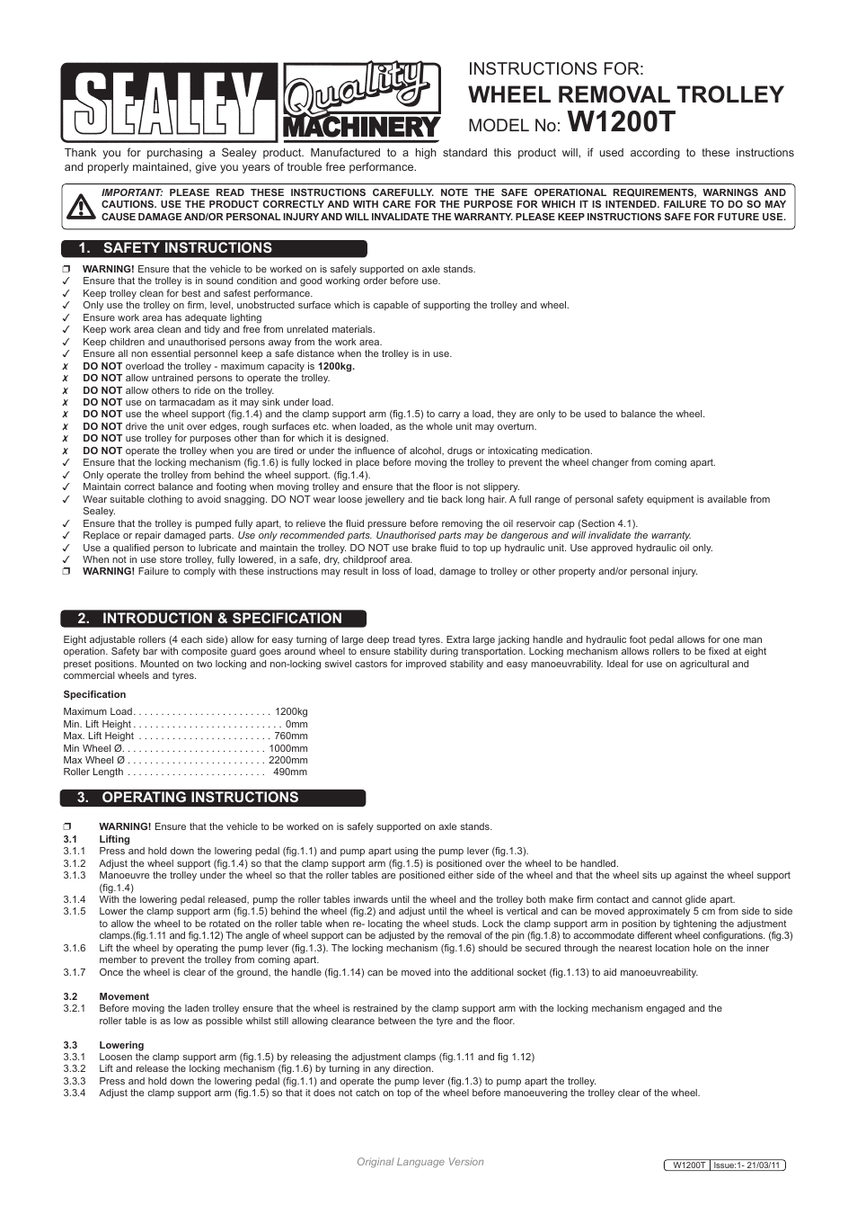 Sealey W1200T User Manual | 2 pages