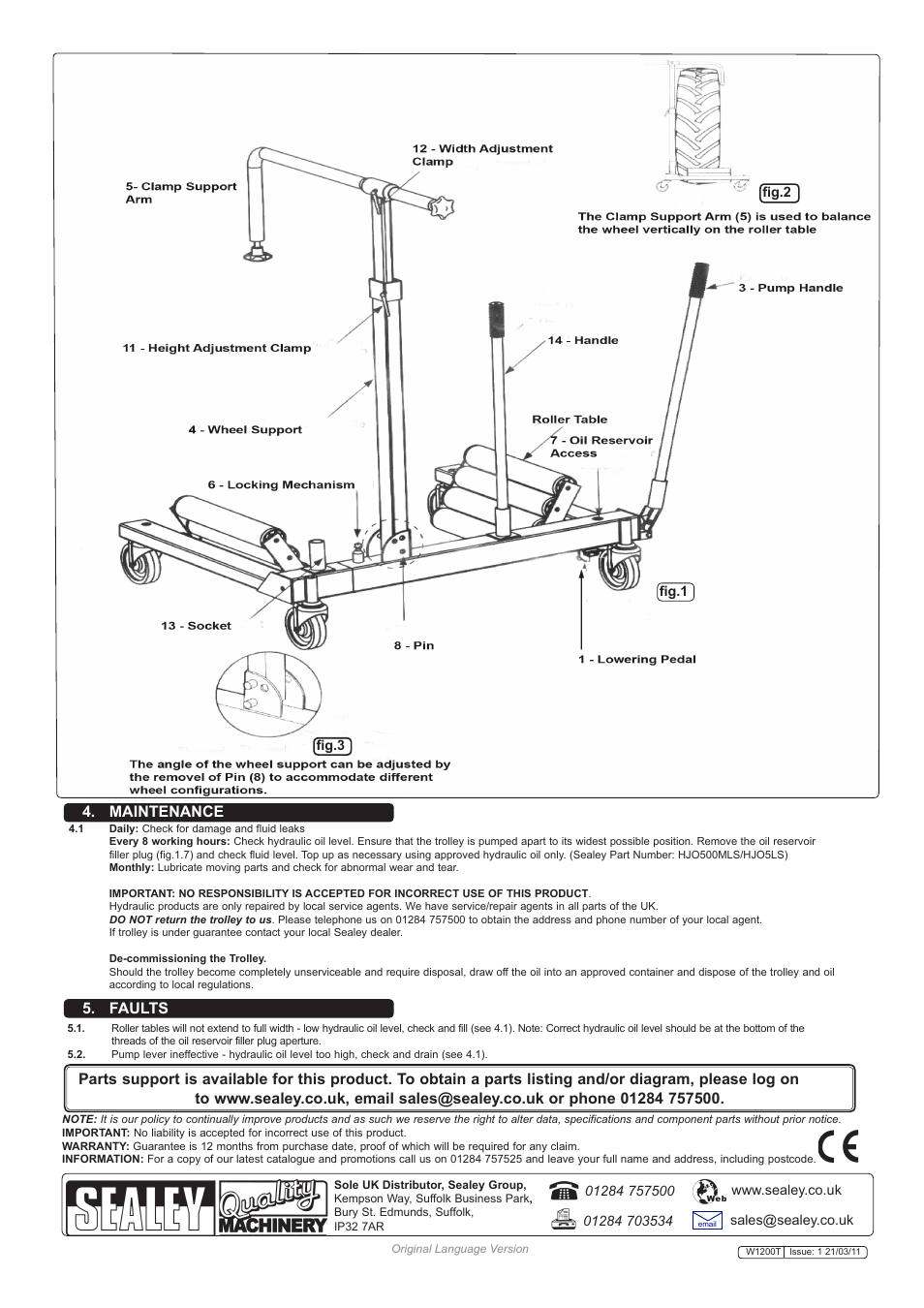 Faults, Maintenance | Sealey W1200T User Manual | Page 2 / 2