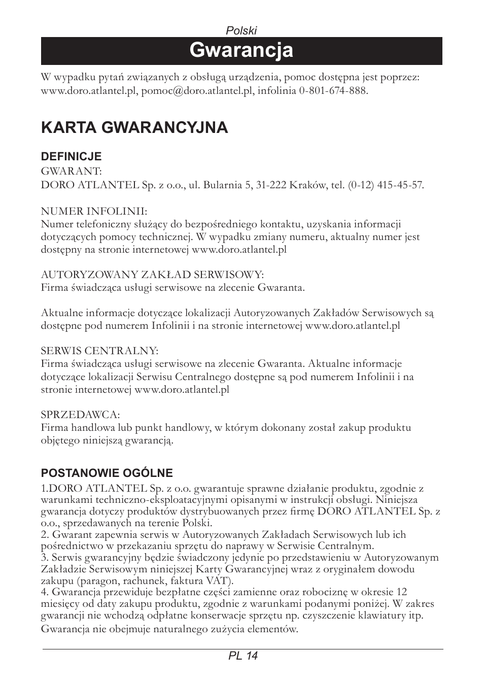 Gwarancja, Karta gwarancyjna | Doro CONGRESS 205 User Manual | Page 45 / 52