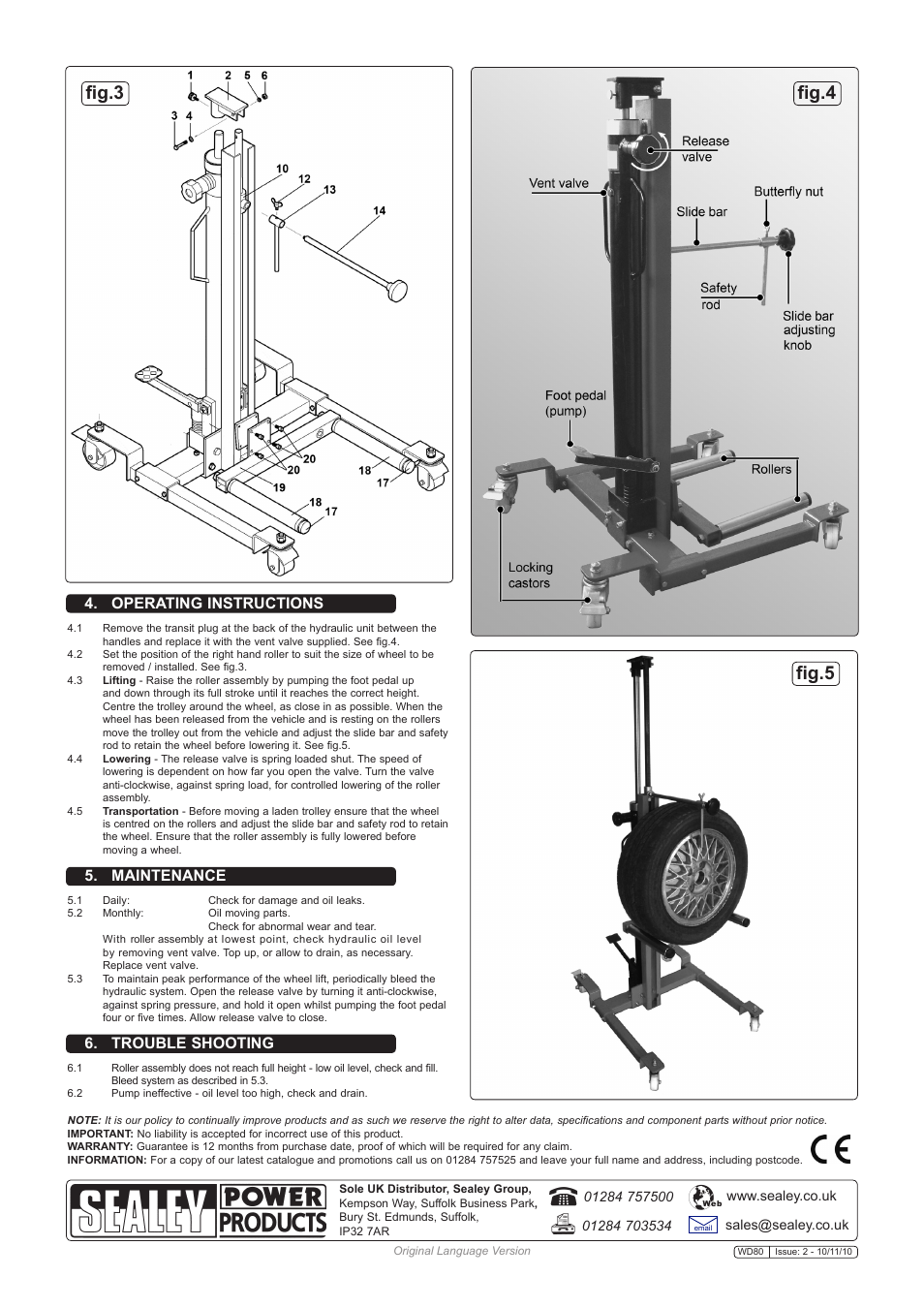 Fig.4 fig.3 fig.5, Operating instructions, Maintenance | Trouble shooting | Sealey WD80 User Manual | Page 2 / 2