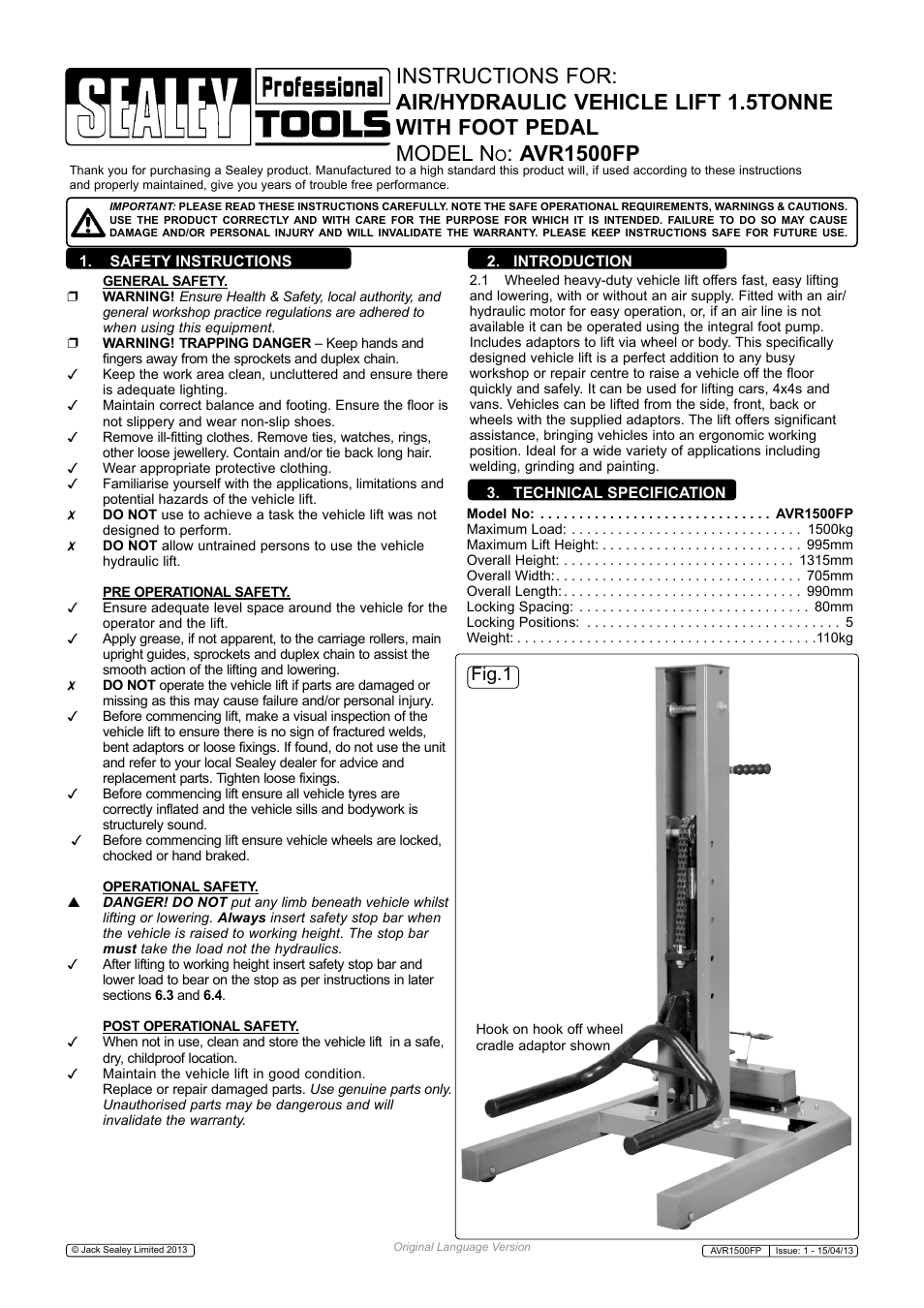 Sealey AVR1500FP User Manual | 3 pages