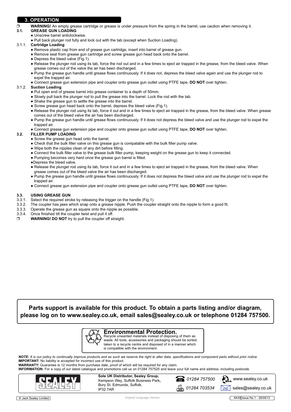 Environmental protection, Operation | Sealey AK48 User Manual | Page 2 / 2