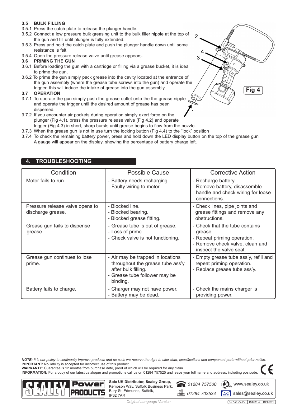 Condition possible cause corrective action, Fig 4 | Sealey CPG12V User Manual | Page 3 / 3