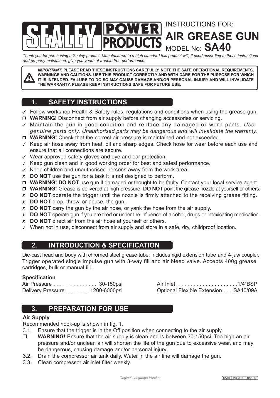 Sealey SA40 User Manual | 3 pages