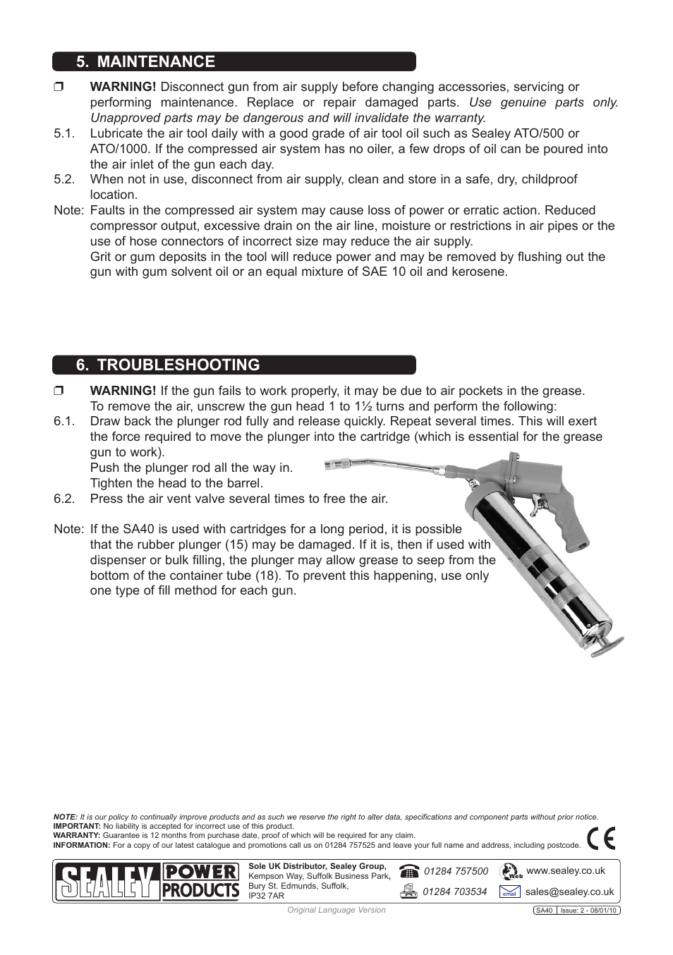 Maintenance 6. troubleshooting | Sealey SA40 User Manual | Page 3 / 3