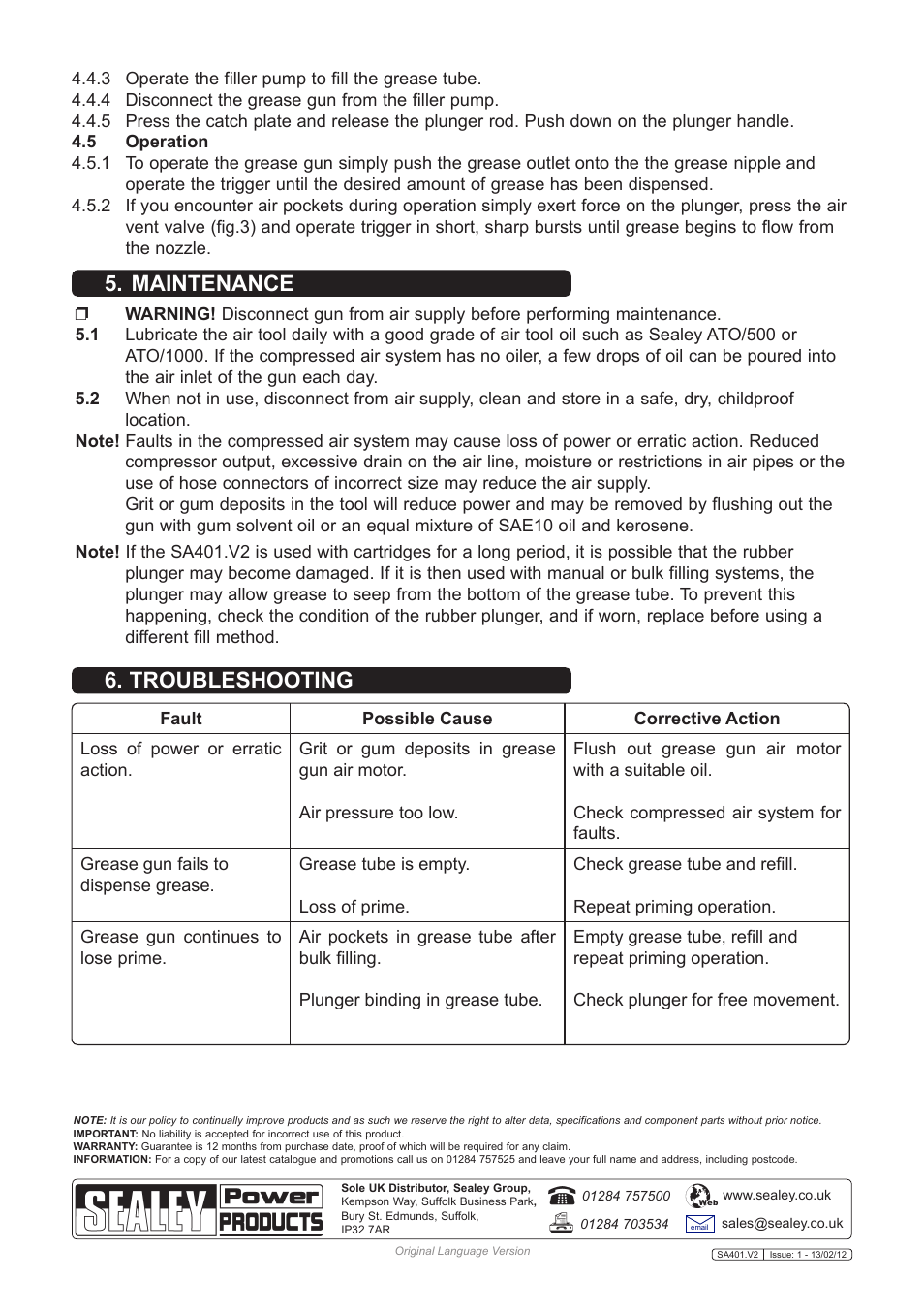 Maintenance 6. troubleshooting | Sealey SA401 User Manual | Page 3 / 3