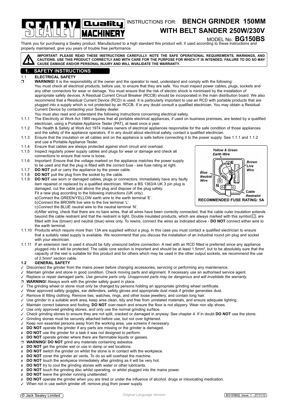 Sealey BG150BS User Manual | 4 pages