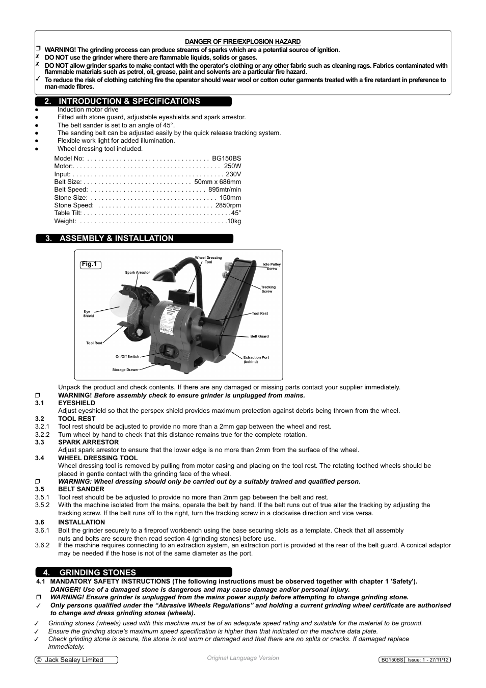Introduction & specifications, Assembly & installation, Grinding stones | Sealey BG150BS User Manual | Page 2 / 4