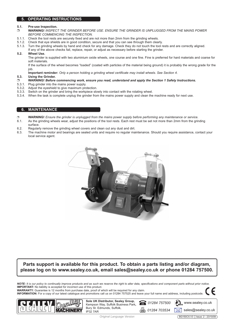 Maintenance, Operating instructions | Sealey BG150CX User Manual | Page 3 / 3