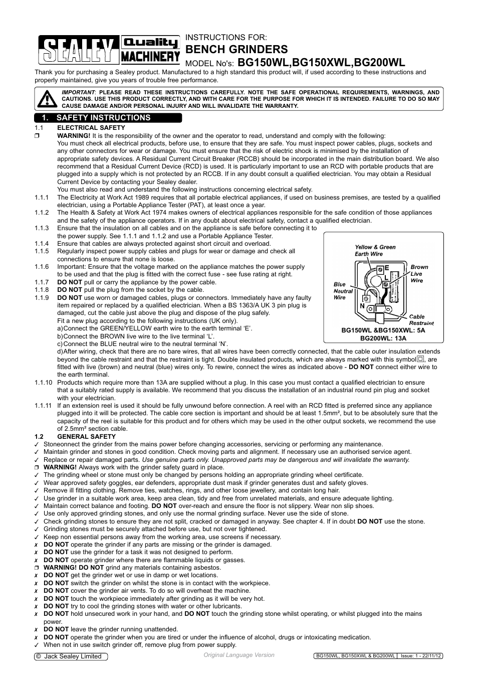 Sealey BG150WL User Manual | 8 pages