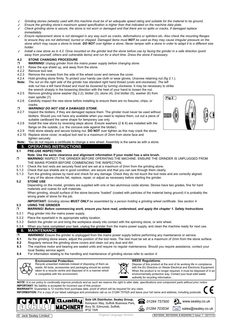 Maintenance, Operating instructions | Sealey BG150WL User Manual | Page 3 / 8