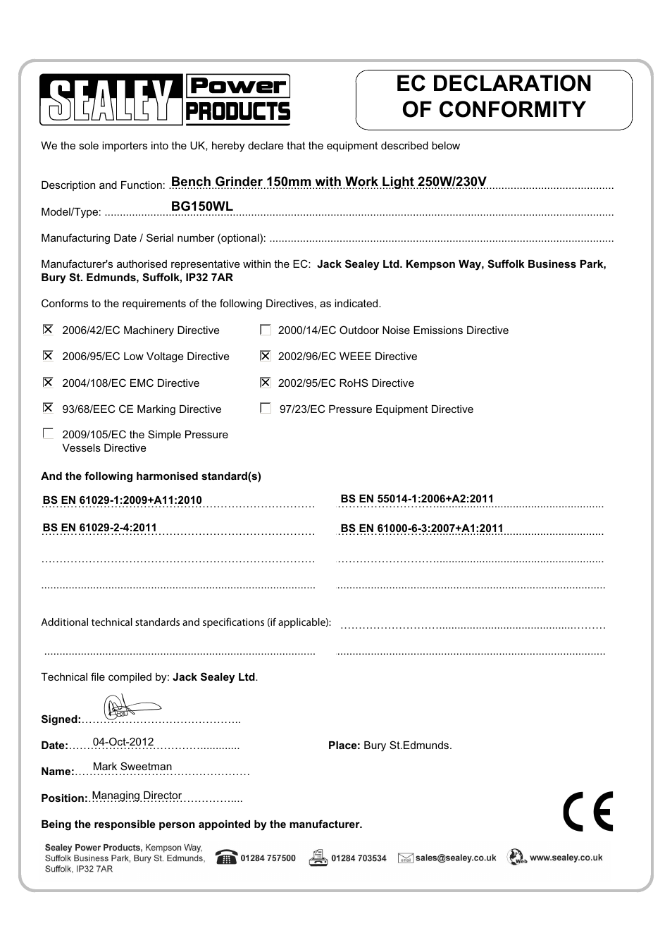 Ec declaration of conformity | Sealey BG150WL User Manual | Page 4 / 8