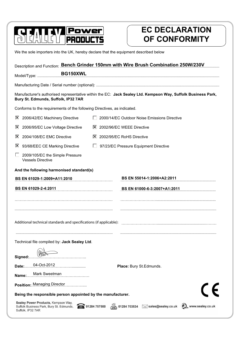 Ec declaration of conformity | Sealey BG150WL User Manual | Page 5 / 8