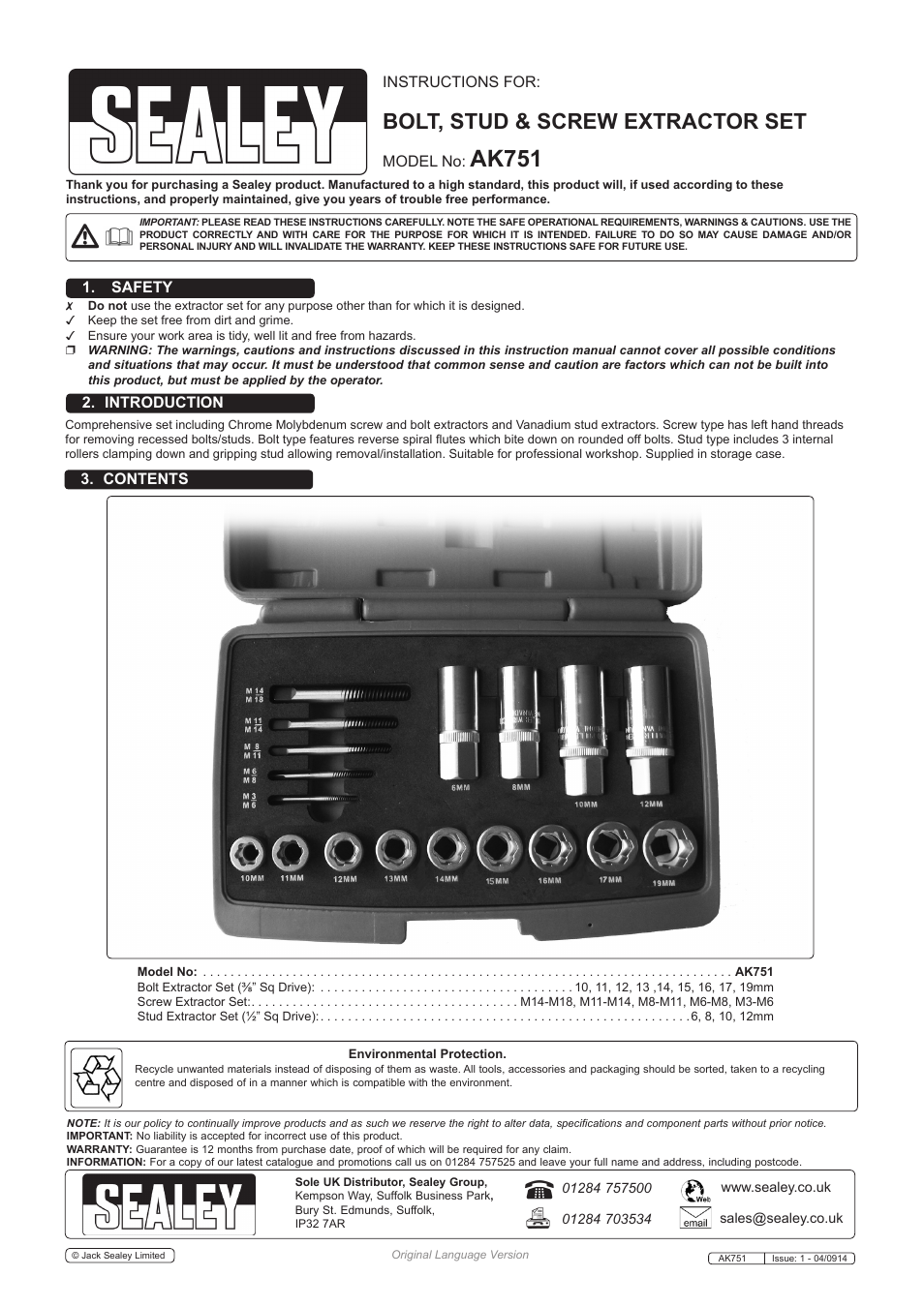 Sealey AK751 User Manual | 1 page