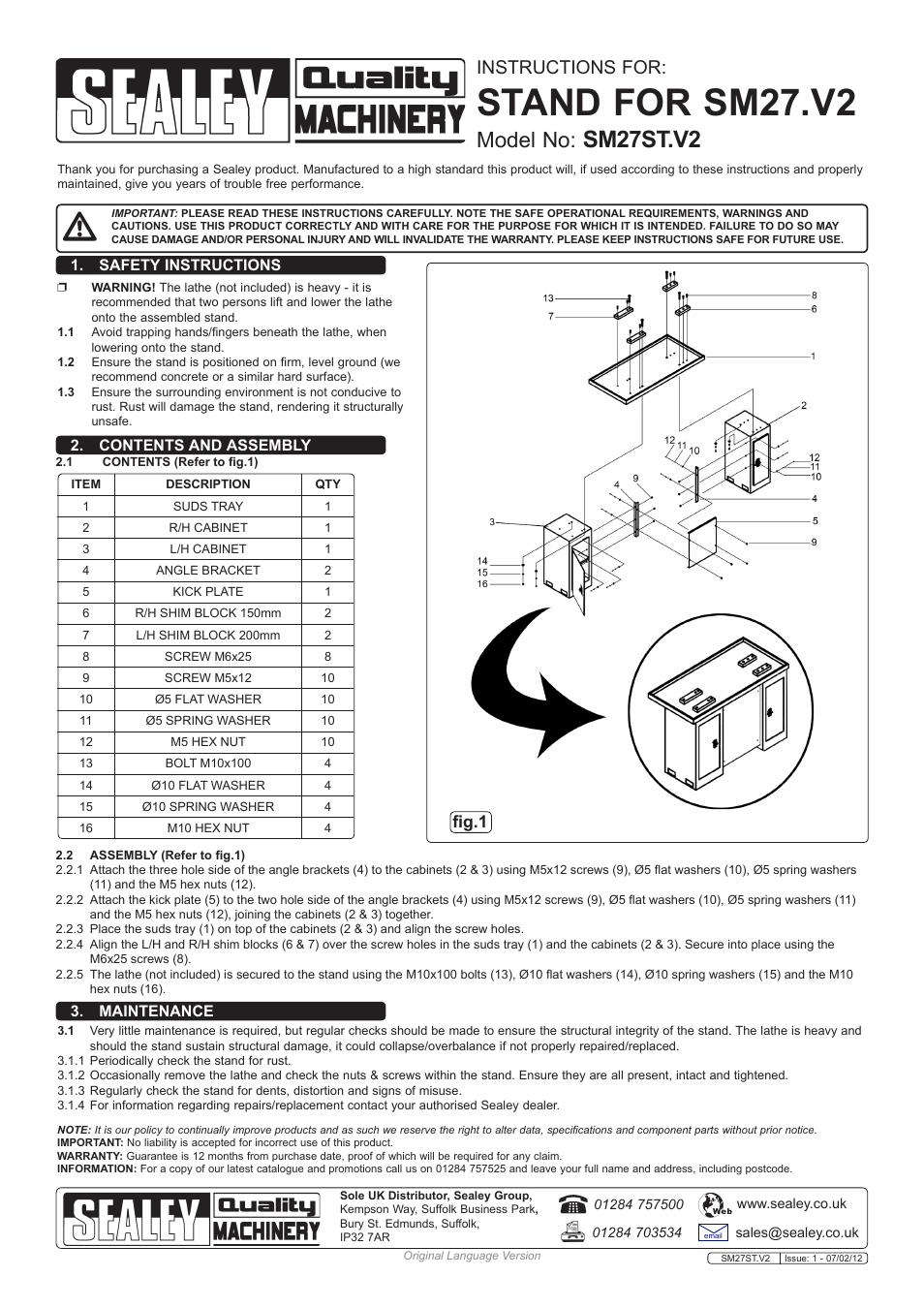 Sealey SM27ST User Manual | 1 page