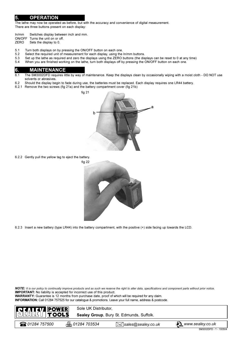 Operation, Maintenance | Sealey SM3002DFD User Manual | Page 4 / 4