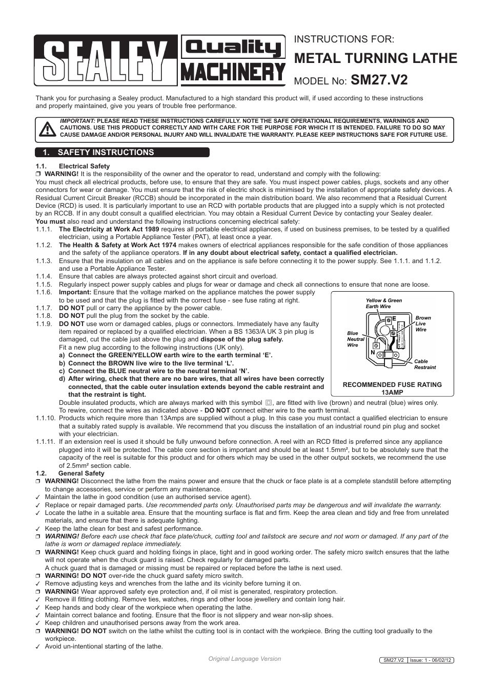 Metal turning lathe, Sm27.v2, Instructions for | Model no, Safety instructions | Sealey SM27 User Manual | Page 2 / 6