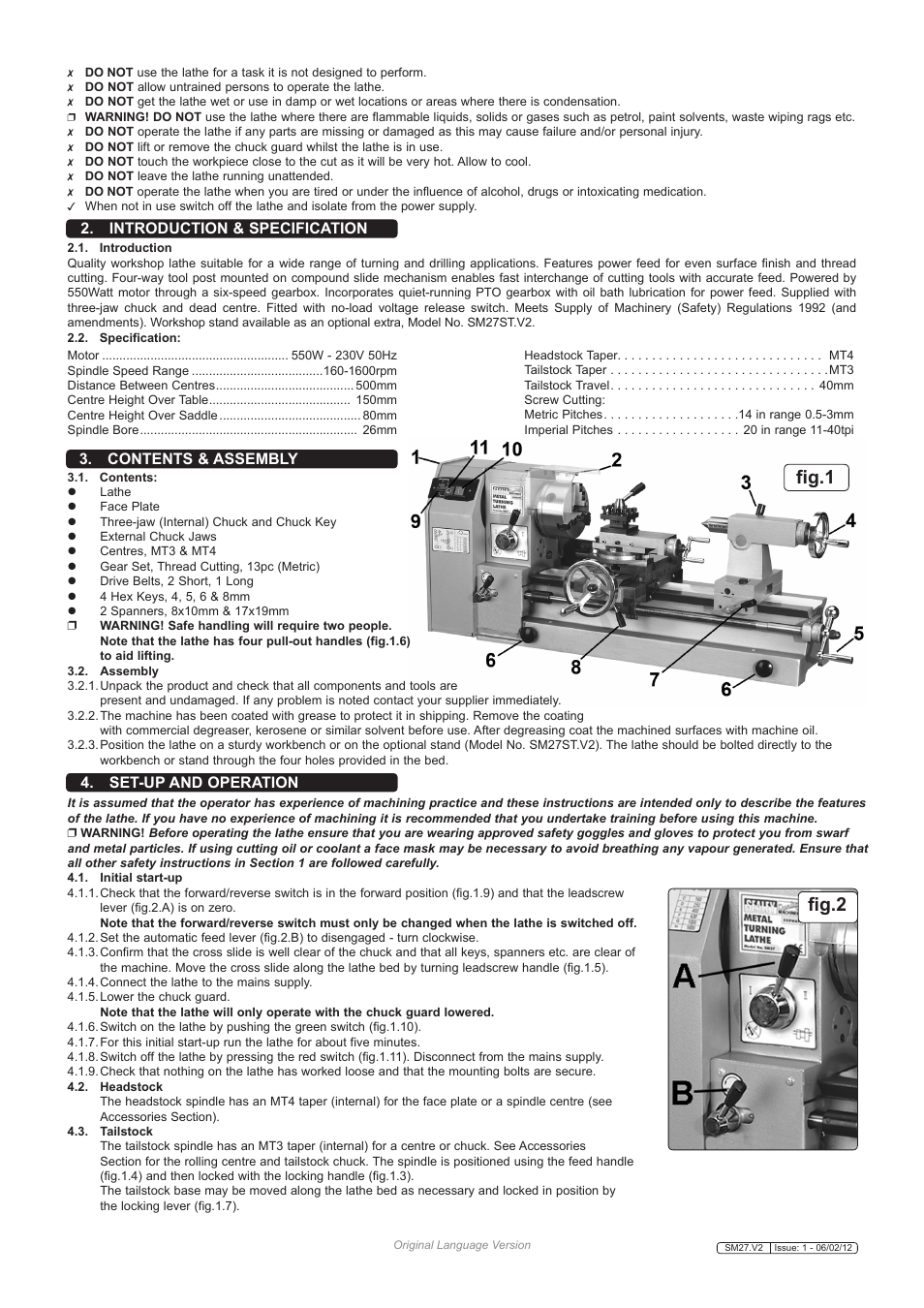 Fig.1, Fig.2, Introduction & specification | Contents & assembly, Set-up and operation | Sealey SM27 User Manual | Page 3 / 6