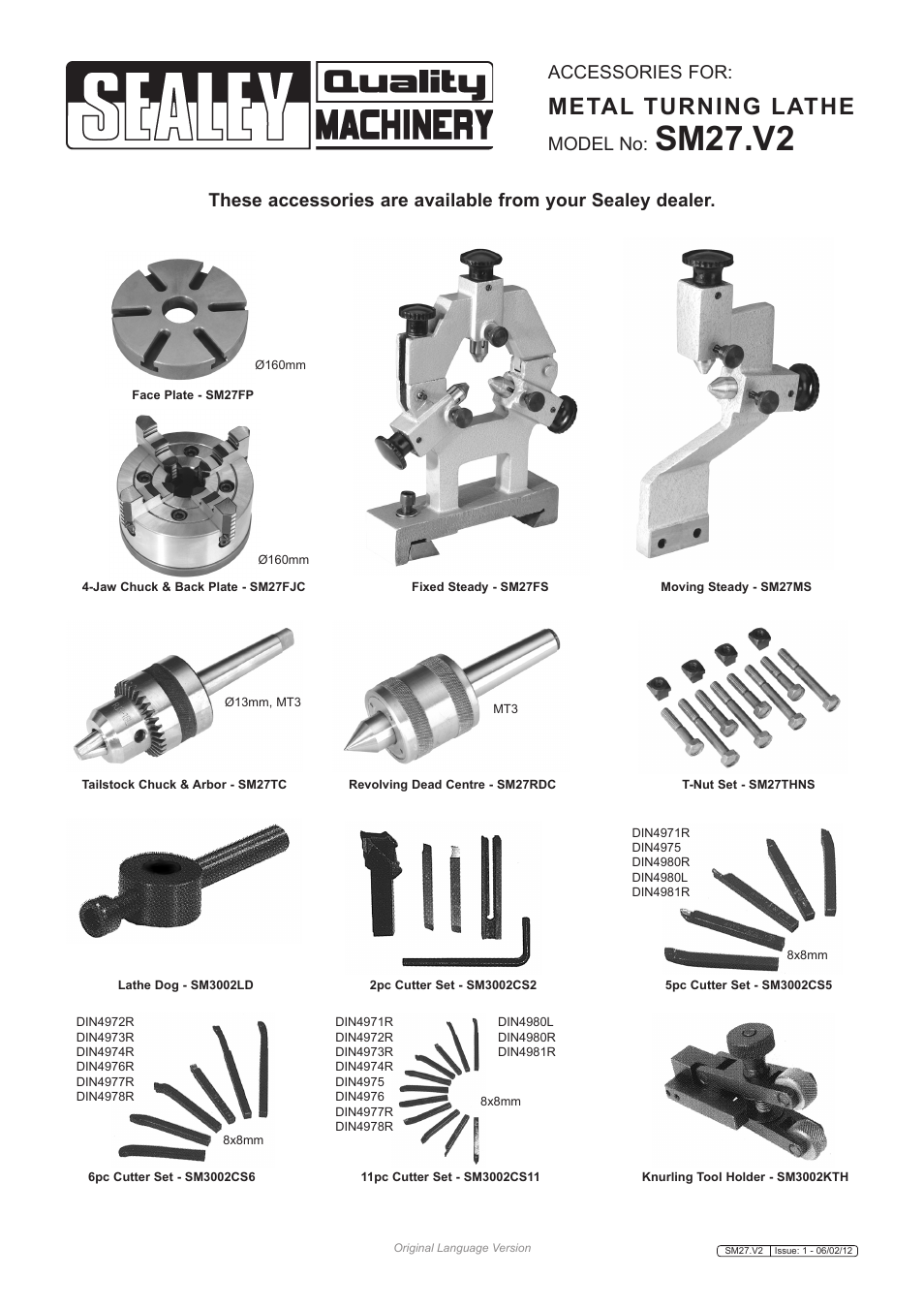 Sm27.v2, Metal turning lathe, Accessories for | Model no | Sealey SM27 User Manual | Page 6 / 6