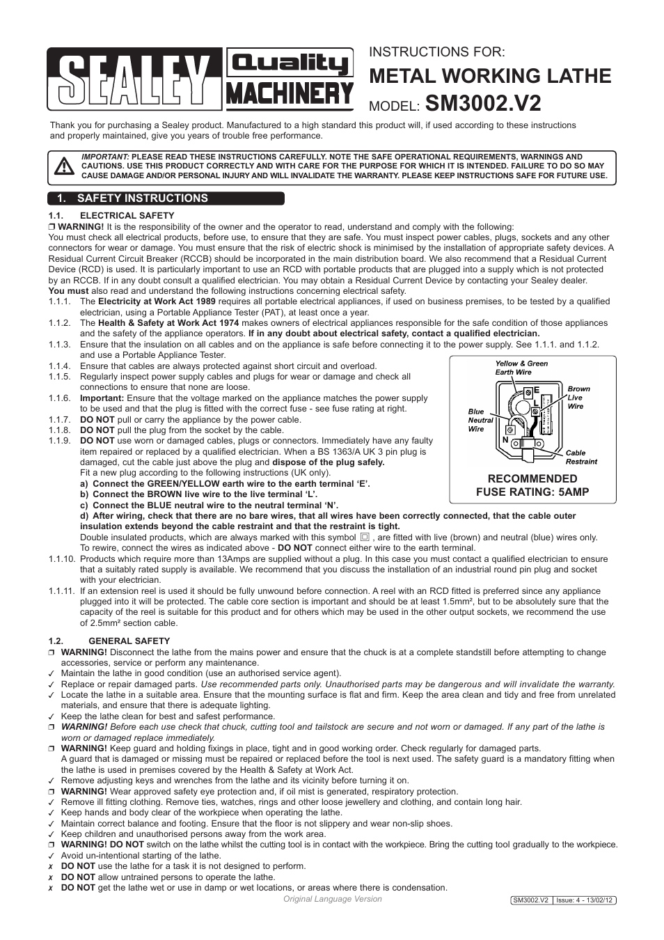 Metal working lathe, Instructions for, Model | Safety instructions, Recommended fuse rating: 5amp | Sealey SM3002 User Manual | Page 2 / 5