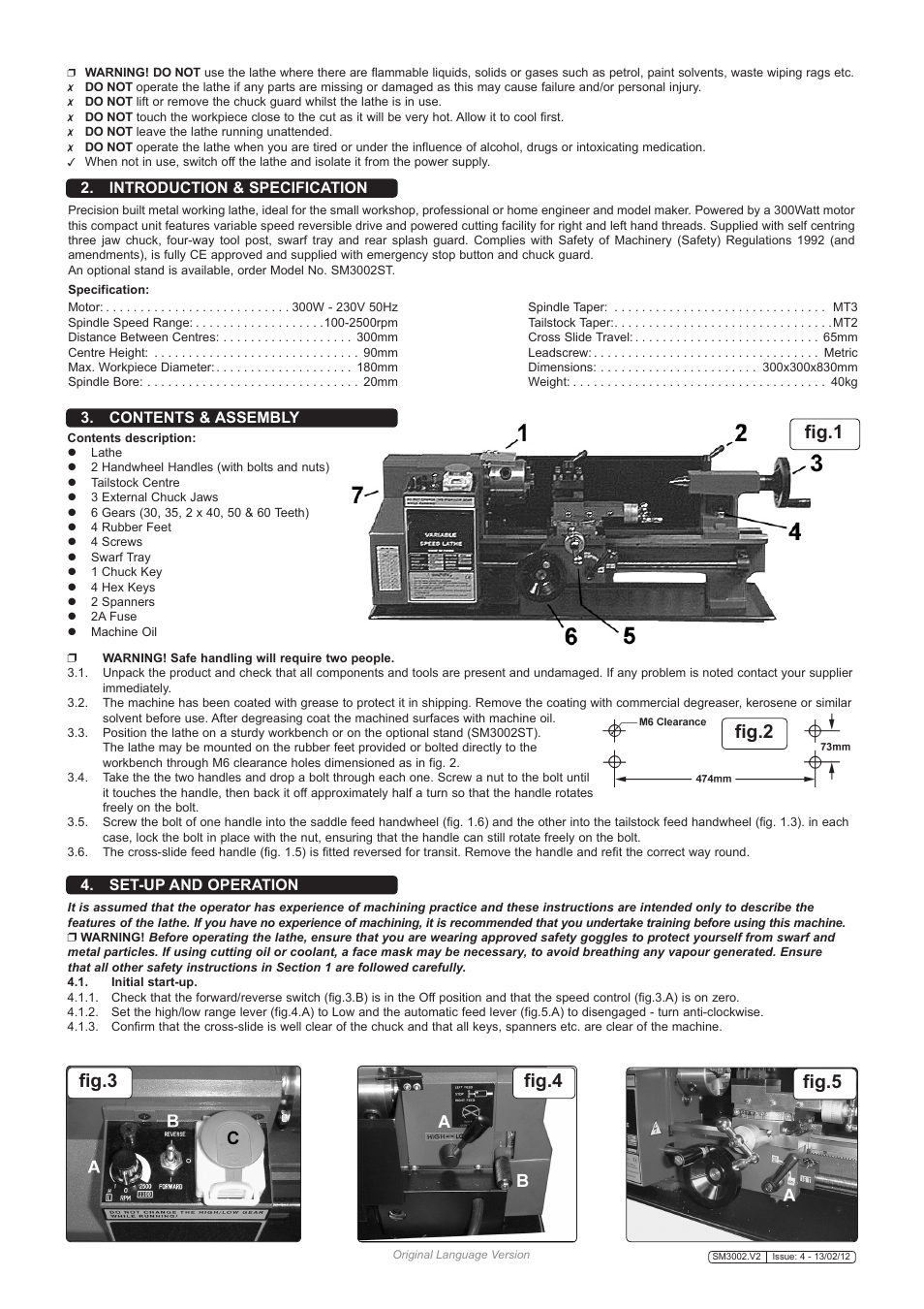 Fig.1, Fig.3 fig.4 fig.5 fig.2, Introduction & specification | Contents & assembly, Set-up and operation | Sealey SM3002 User Manual | Page 3 / 5