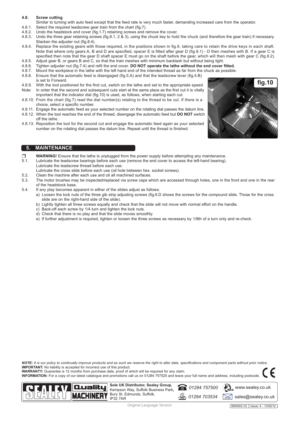 Fig.10, Maintenance | Sealey SM3002 User Manual | Page 5 / 5