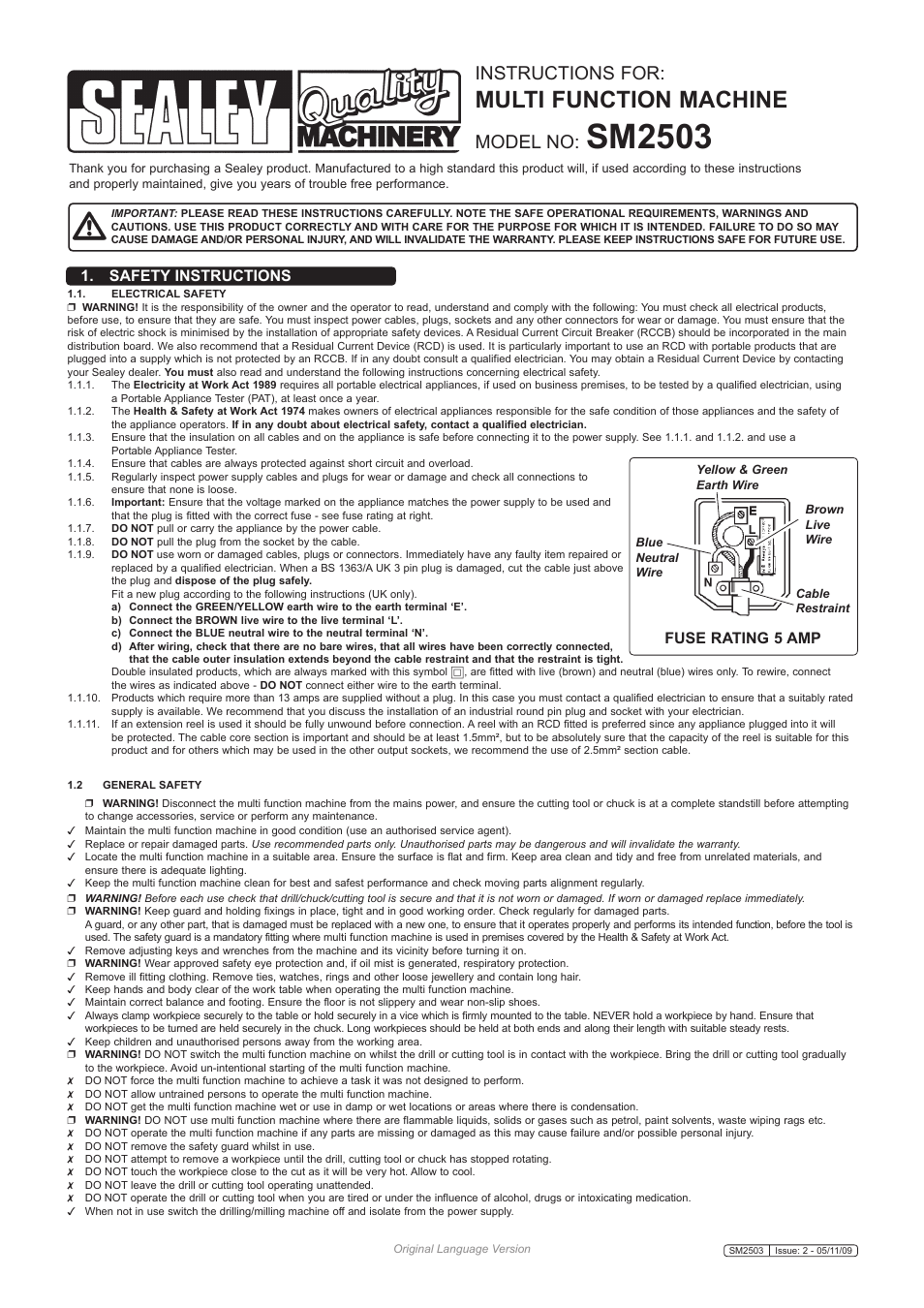 Sm2503, Multi function machine, Instructions for | Model no, Safety instructions, Fuse rating 5 amp | Sealey SM2503 User Manual | Page 2 / 7