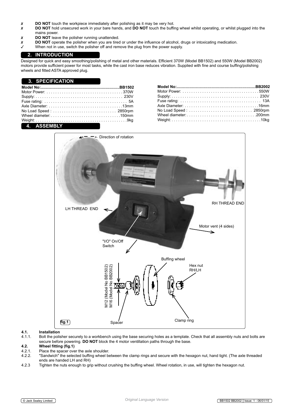 Introduction 3. specification, Assembly | Sealey BB1502 User Manual | Page 2 / 3