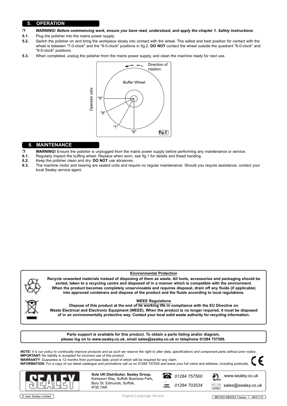Operation, Maintenance | Sealey BB1502 User Manual | Page 3 / 3